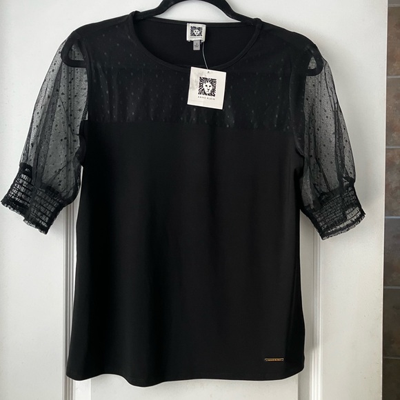 Anne Klein Black Blouse with Sheer Sleeves. Elevated look very versatile. - Picture 3 of 7